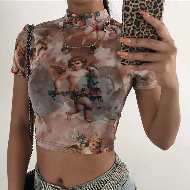 T-shirt manches courtes à col haut femmes