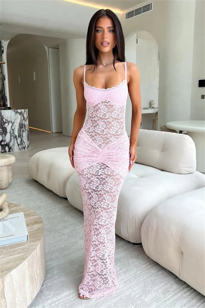 Robe longue sexy en dentelle à fines bretelles pour femmes