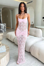 Robe longue sexy en dentelle à fines bretelles pour femmes