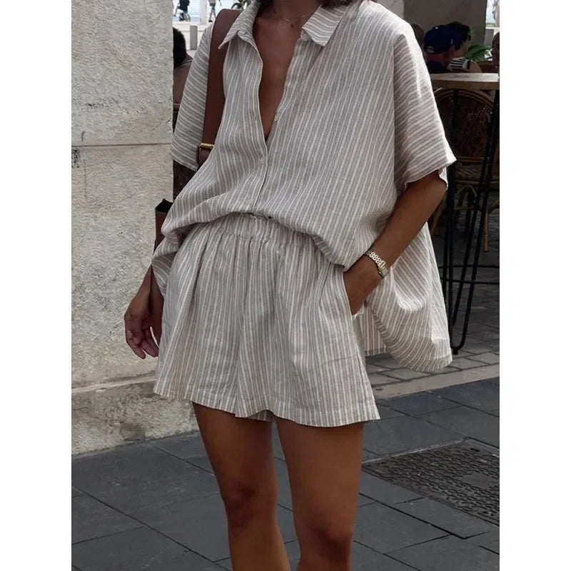 Ensembles shorts jambe large décontracté et haut à simple boutonnage rayé à lacets pour femmes