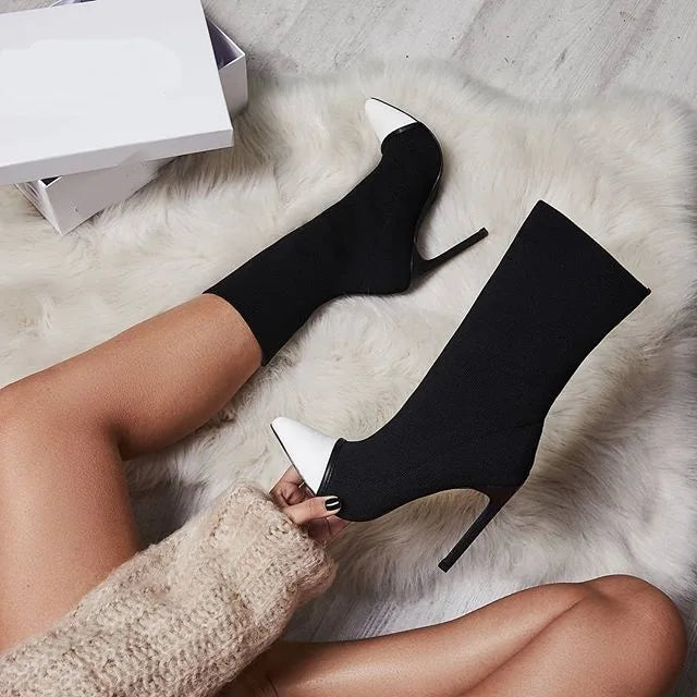Bottes pointues en tissu élastique pour femmes