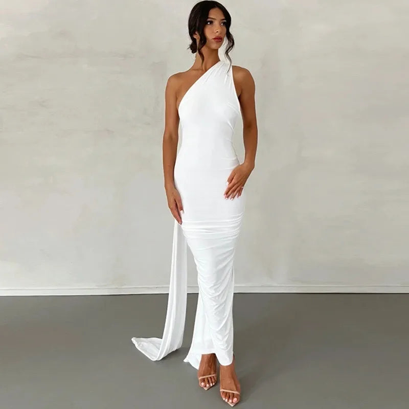 Robe longue sexy asymétrique à épaule unique pour femmes