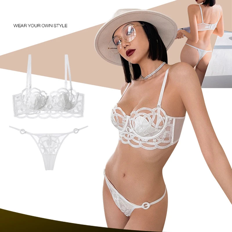 Ensemble soutien-gorge en dentelle ultra fine et respirante, string et culotte pour femmes