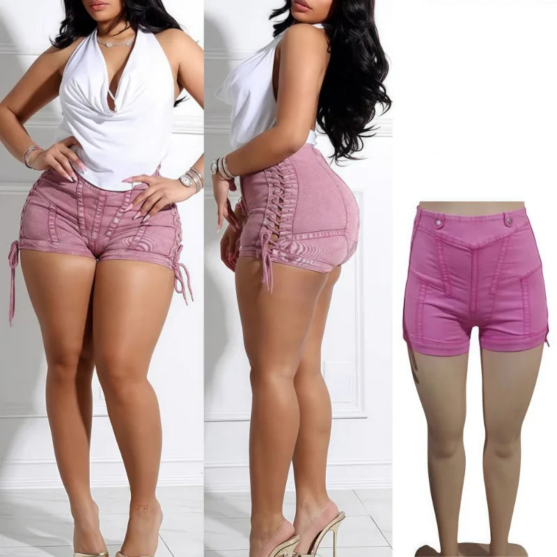 Shorts en jean taille haute à lacets pour femmes