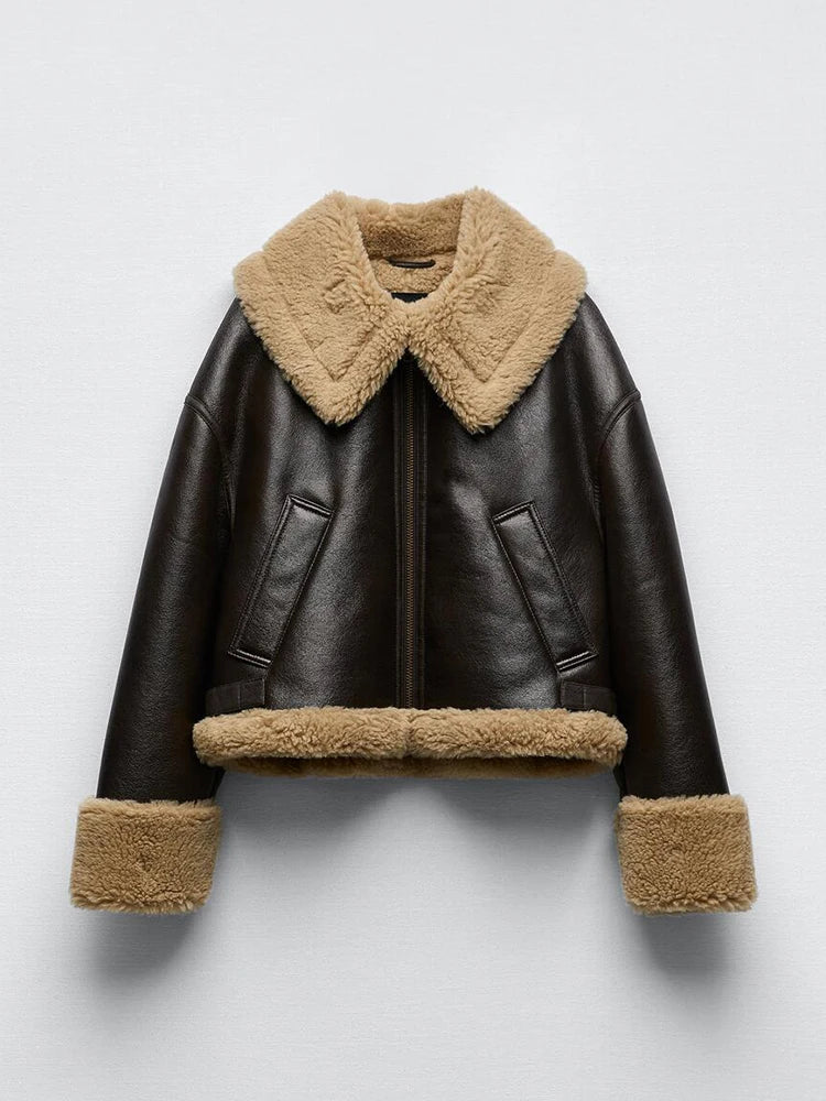 Veste chaude en fausse fourrure de cuir pour femmes