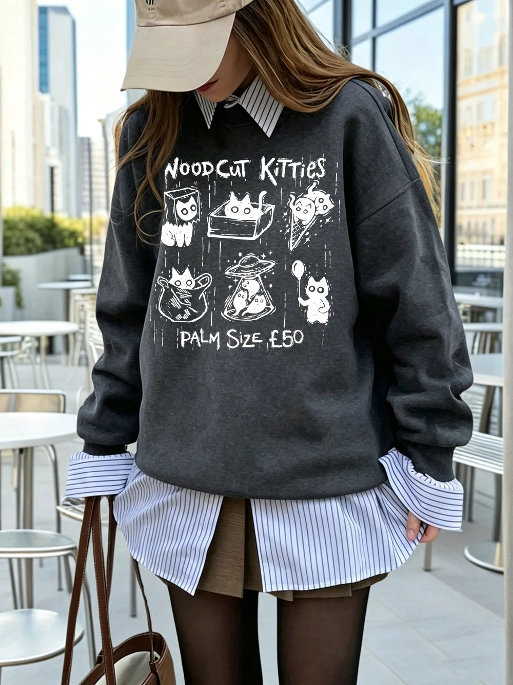 Sweat-shirt à capuche femme à col rond, imprimé chatons de poche pour femmes