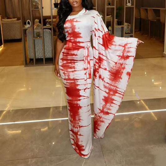 Robe longue femme moulante asymétrique imprimé tie-dye
