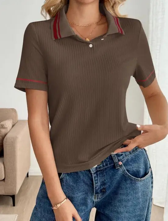 T-shirt décontracté polyvalent à manches courtes et col rabattu rayé rétro pour femmes