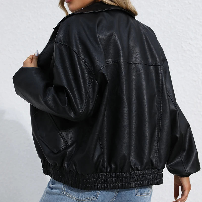 Veste en faux cuir PU décontracté ample pour femmes