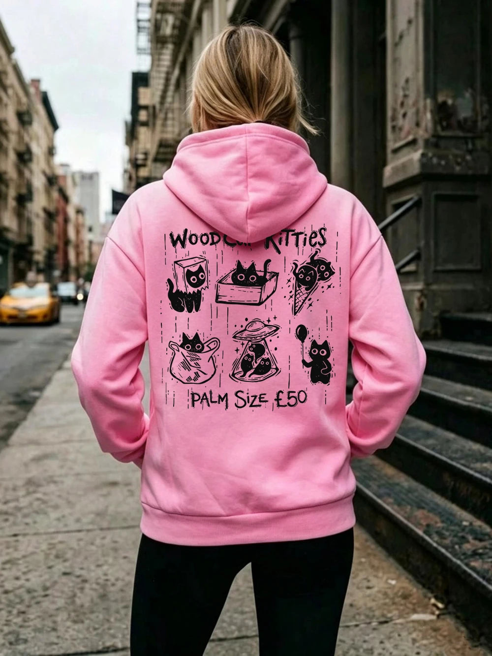 Sweat-shirts à capuche imprimés Woodcut Boxes Pocket Kitties pour femmes