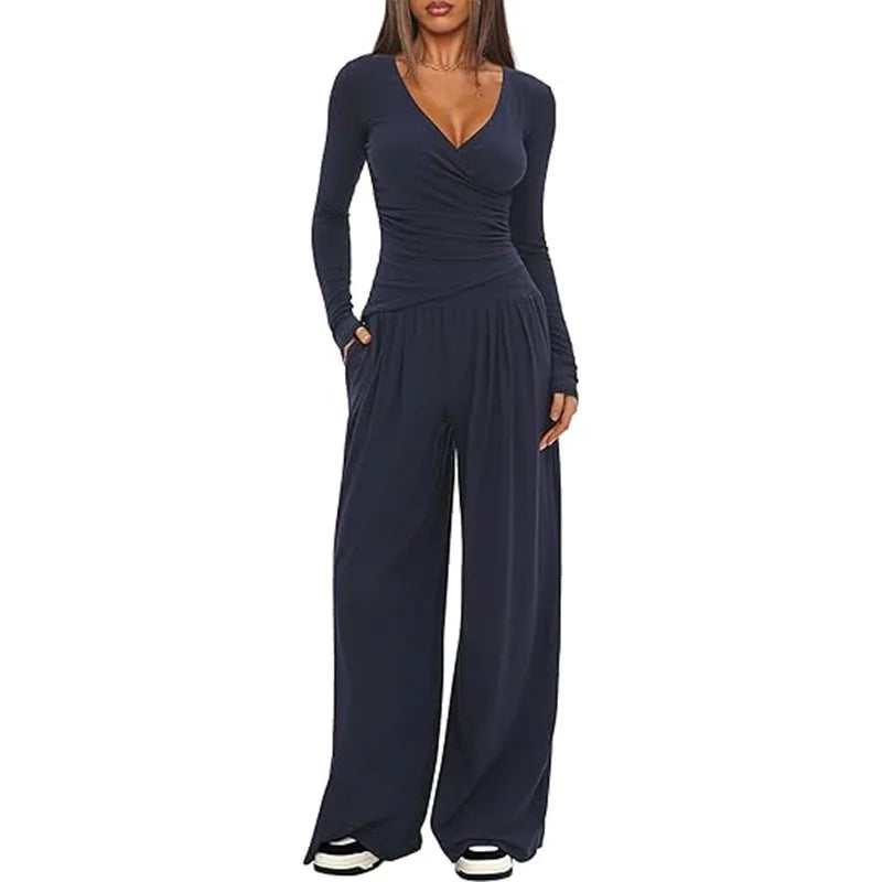 Ensemble deux pièces pantalon à jambes larges et haut à manches longues pour femmes