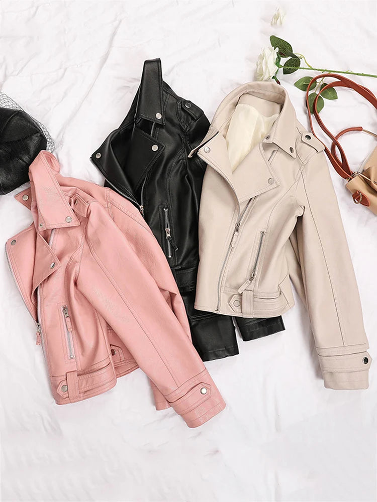 Veste biker femme beige en simili cuir