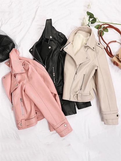 Veste biker femme beige en simili cuir