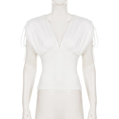 T-Shirt Femme – Col V, Fronces et Laçage