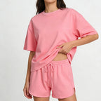 Ensembles en coton deux pièces, t-shirts à manches courtes et shorts taille haute pour femmes