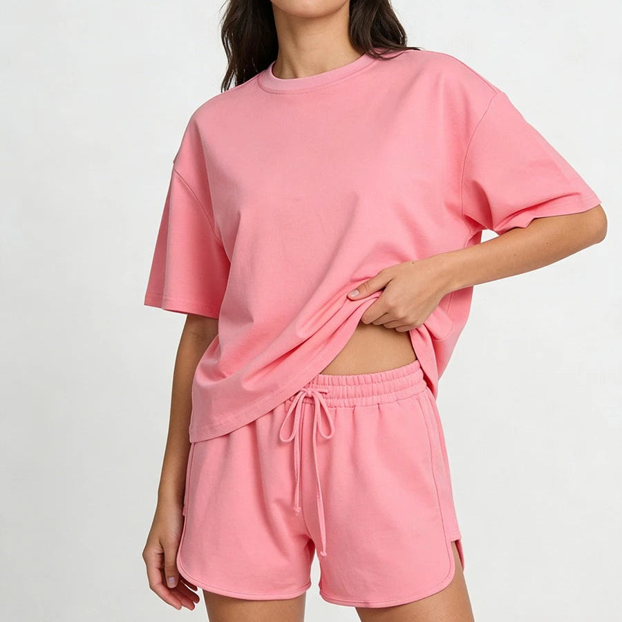 Ensembles en coton deux pièces, t-shirts à manches courtes et shorts taille haute pour femmes