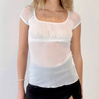 T-shirt-Crop en dentelle esthétique rétro pour femmes