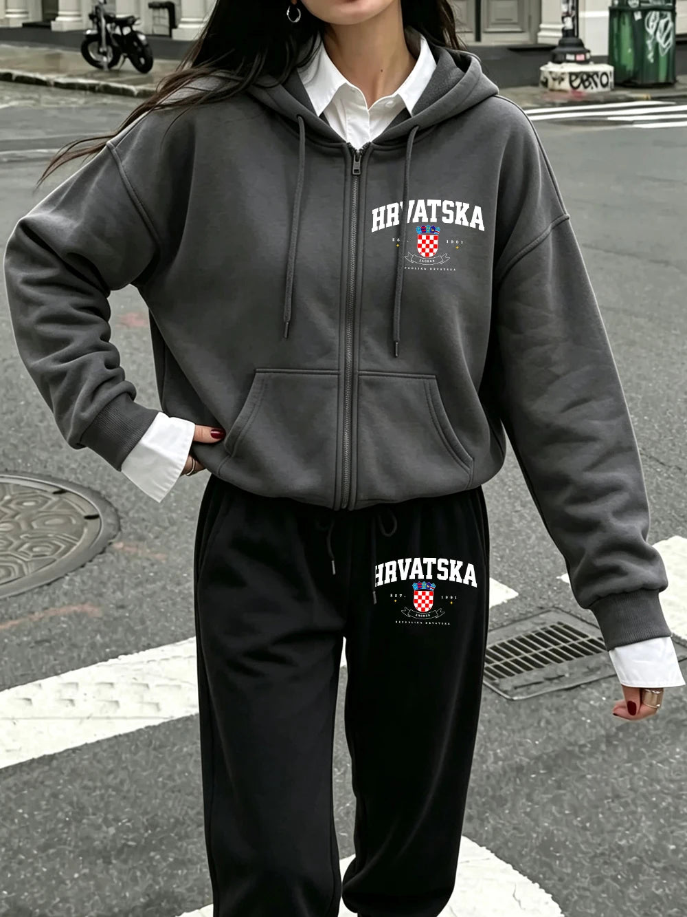 Ensemble de 2 pièces sweats à capuche zippés imprimés Hrvatska Zagreb pour femmes