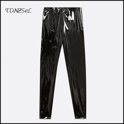 Pantalon Slim Taille Haute en Similicuir Brillant