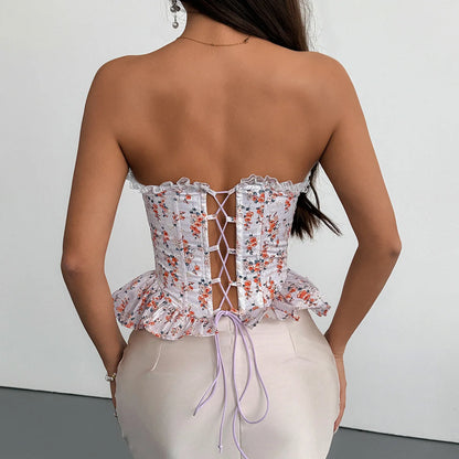 Débardeur Corset Femme – Dentelle Imprimée Sans Bretelles