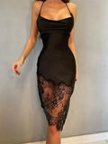 Robe mi-longue en dentelle à bretelles spaghetti pour femmes