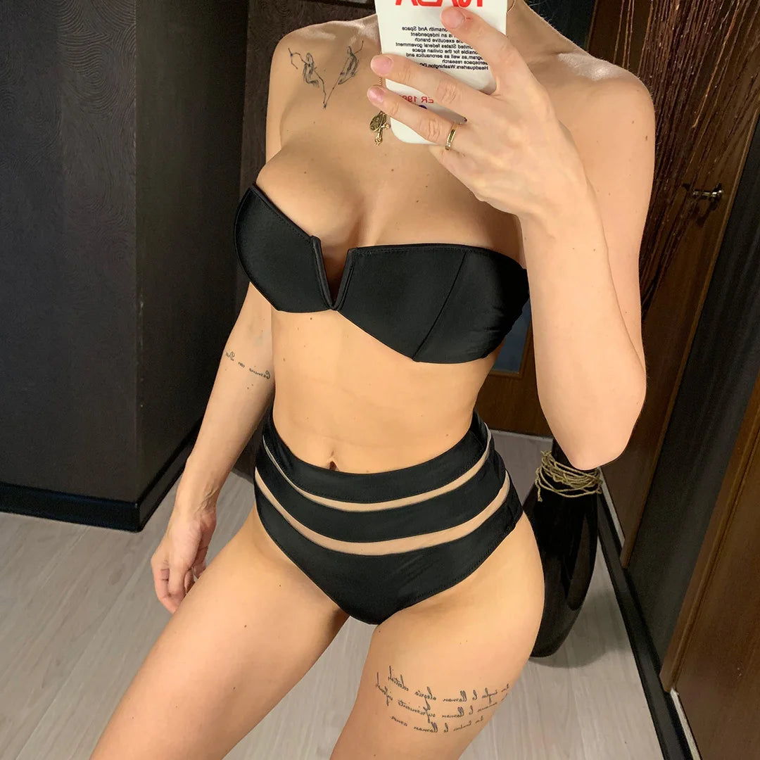 Maillot de bain deux pièces taille haute avec soutien-gorge pour femmes