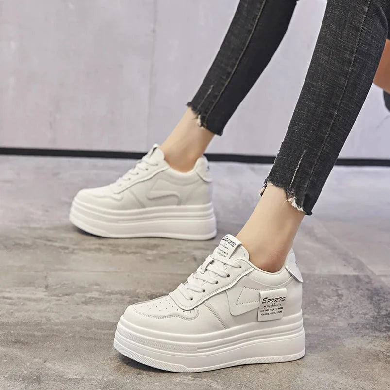 Baskets compensées à plateforme en cuir véritable pour femmes