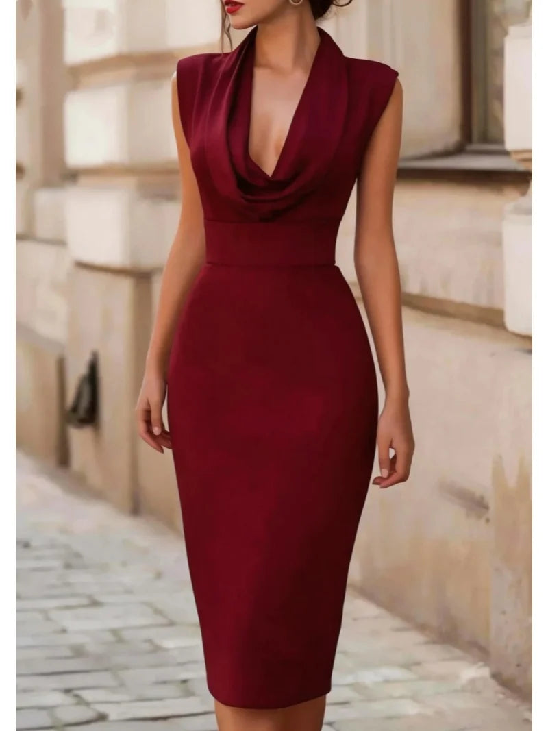 Robe Midi Femme – Sans Manches et Col Bénitier