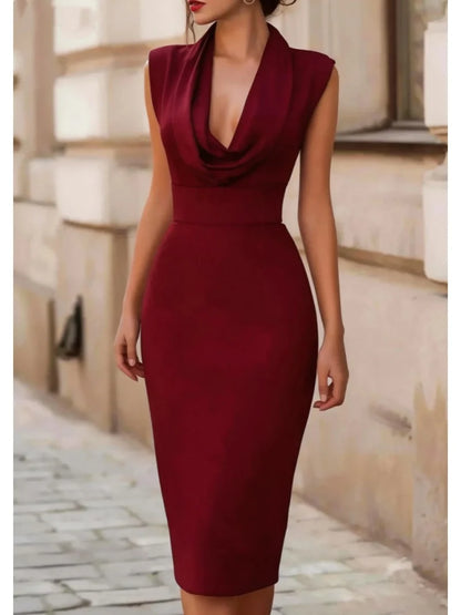 Robe Midi Femme – Sans Manches et Col Bénitier