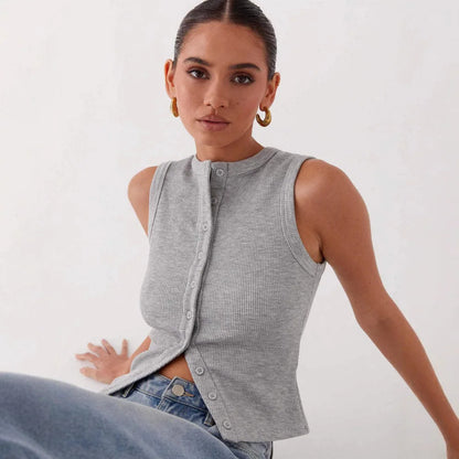 Haut Sans Manches Femme – Maille Unie Boutonnée
