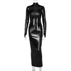 Robe de mi-longue drapée à col roulé en cuir pour femmes