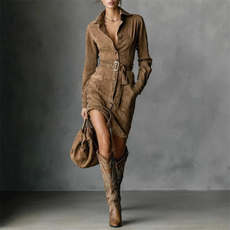Robe-chemise courte en daim à revers à simple boutonnage pour femmes