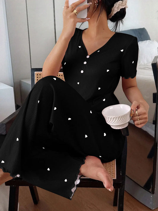 Pyjama Femme – Haut Manches Courtes et Pantalon Côtelé