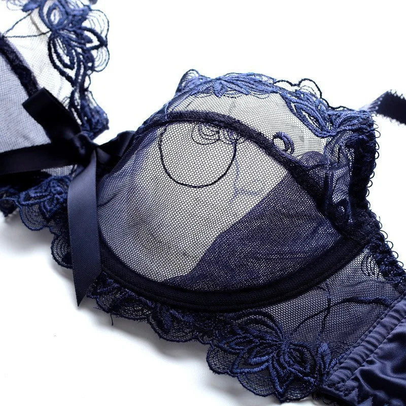 Ensemble de soutien-gorge transparent en dentelle avec nœud ultra-fin et culotte pour femmes