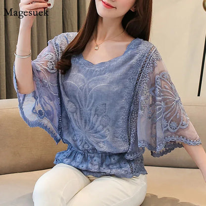 Chemisier en Mousseline Femme – Broderies et Manches Mi-Longues